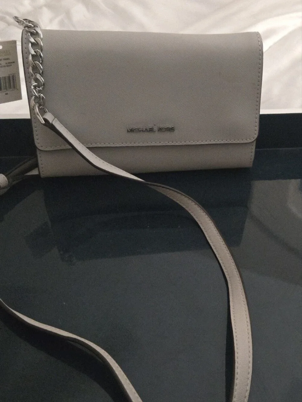 Michael Kors Gray Saffiano Crossbody Bag with Chain Strap
